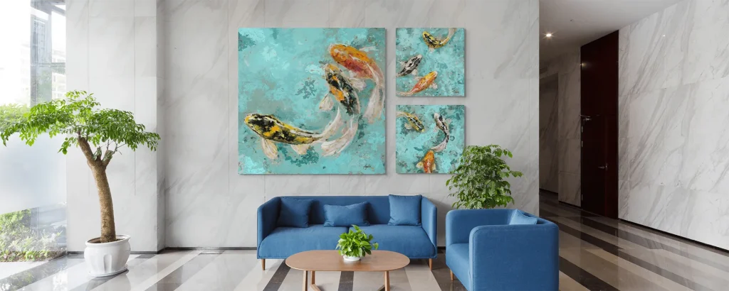 Series of koi fish artwork featured in a hotel lobby waiting area.