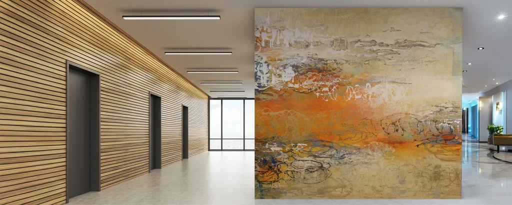 Large scale wallcovering of abstract artwork in an elevator area of a hotel.