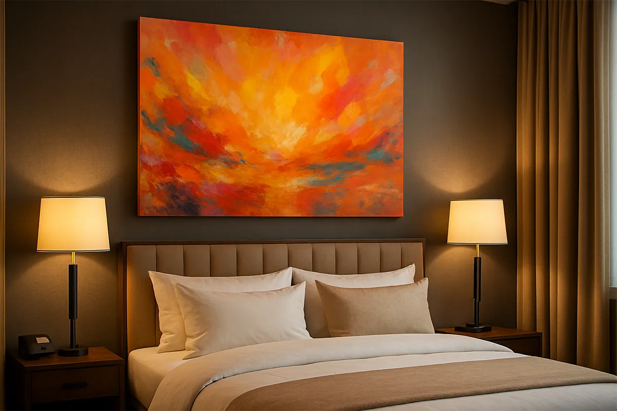 Large, vibrant canvas print with a fiery orange and red abstract sky scene displayed above a bed in a luxury hotel room.