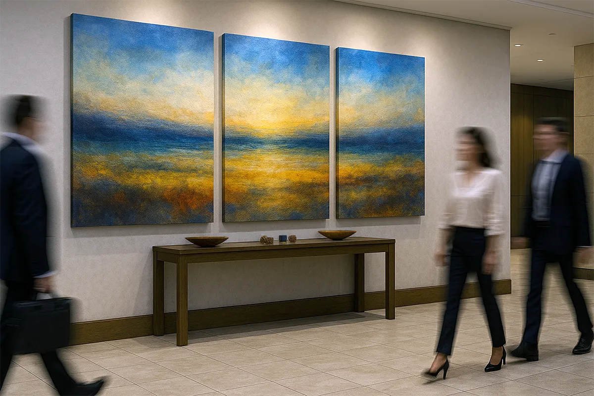 Three-panel canvas artwork featuring a serene abstract landscape in gold and blue tones mounted on a lobby wall with blurred people walking by.