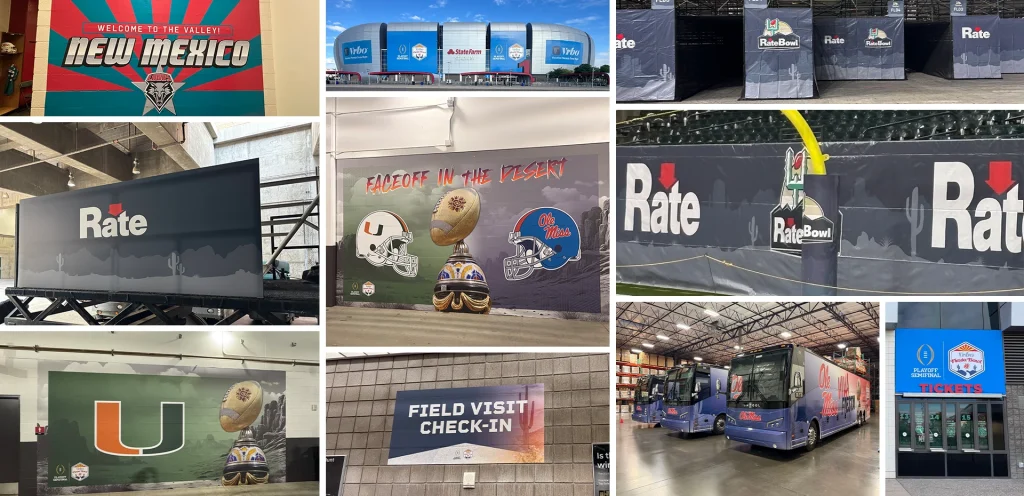 Collage of Fiesta Bowl–related environmental graphics and signage, including stadium exterior banners, locker room and tunnel graphics, branded barricades, field padding, ticket entrance signage, team buses, and interior wayfinding. Designs feature College Football Playoff Semifinal, Vrbo Fiesta Bowl, Rate Bowl, and team branding for Miami and Ole Miss, with desert-inspired imagery and bold event typography.