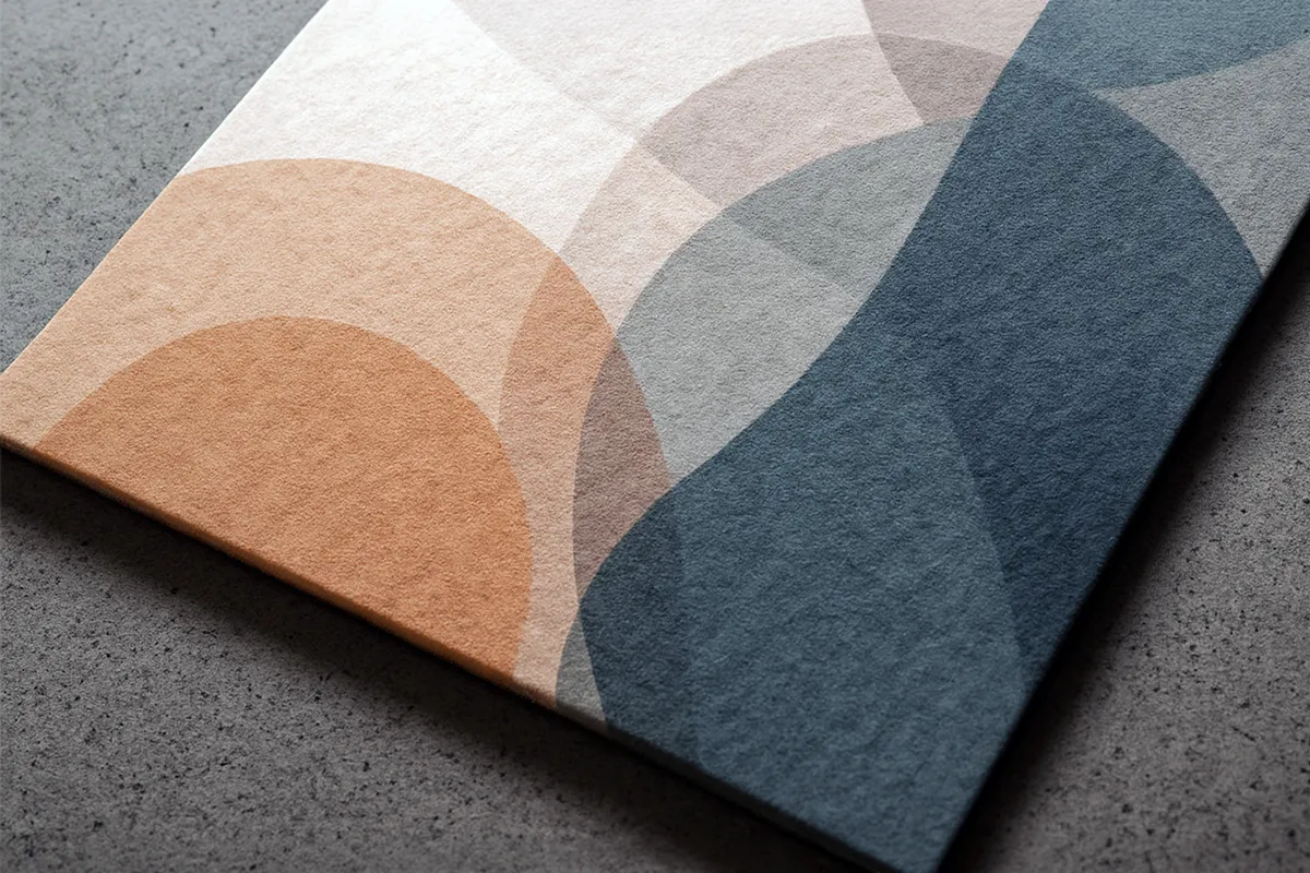 Close-up detail of a printed acoustic art panel featuring soft geometric shapes and textured felt surface material.