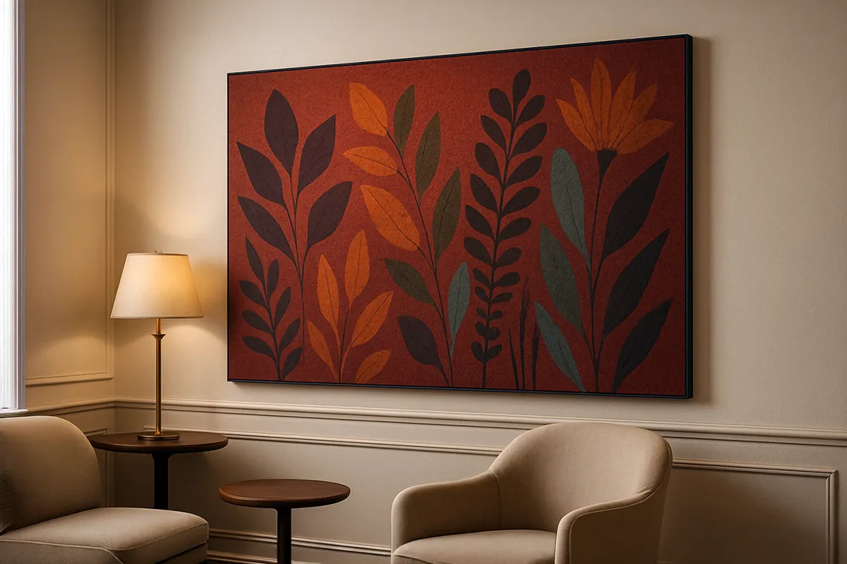 Framed acoustic art panel featuring warm botanical artwork displayed in a modern hospitality lounge setting.