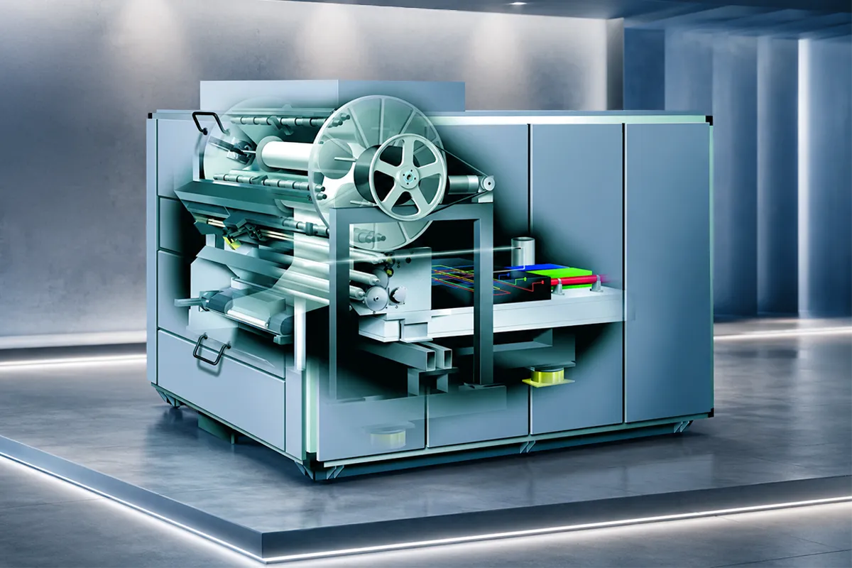 Cutaway rendering of a Durst Lambda 130 showing its internal rollers, RGB laser exposure system, and photographic printing components.