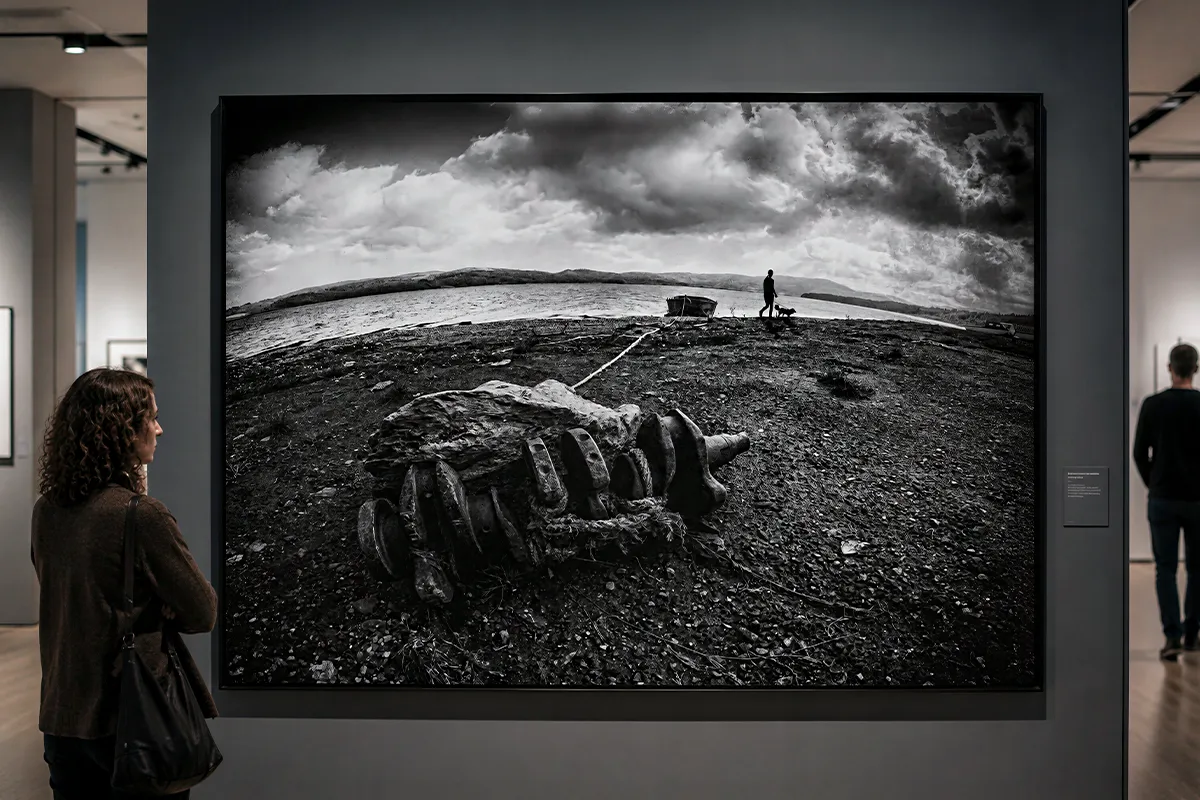 Large framed black-and-white photograph of a rugged shoreline, dramatic storm clouds, and a distant person with a dog displayed in a contemporary gallery.