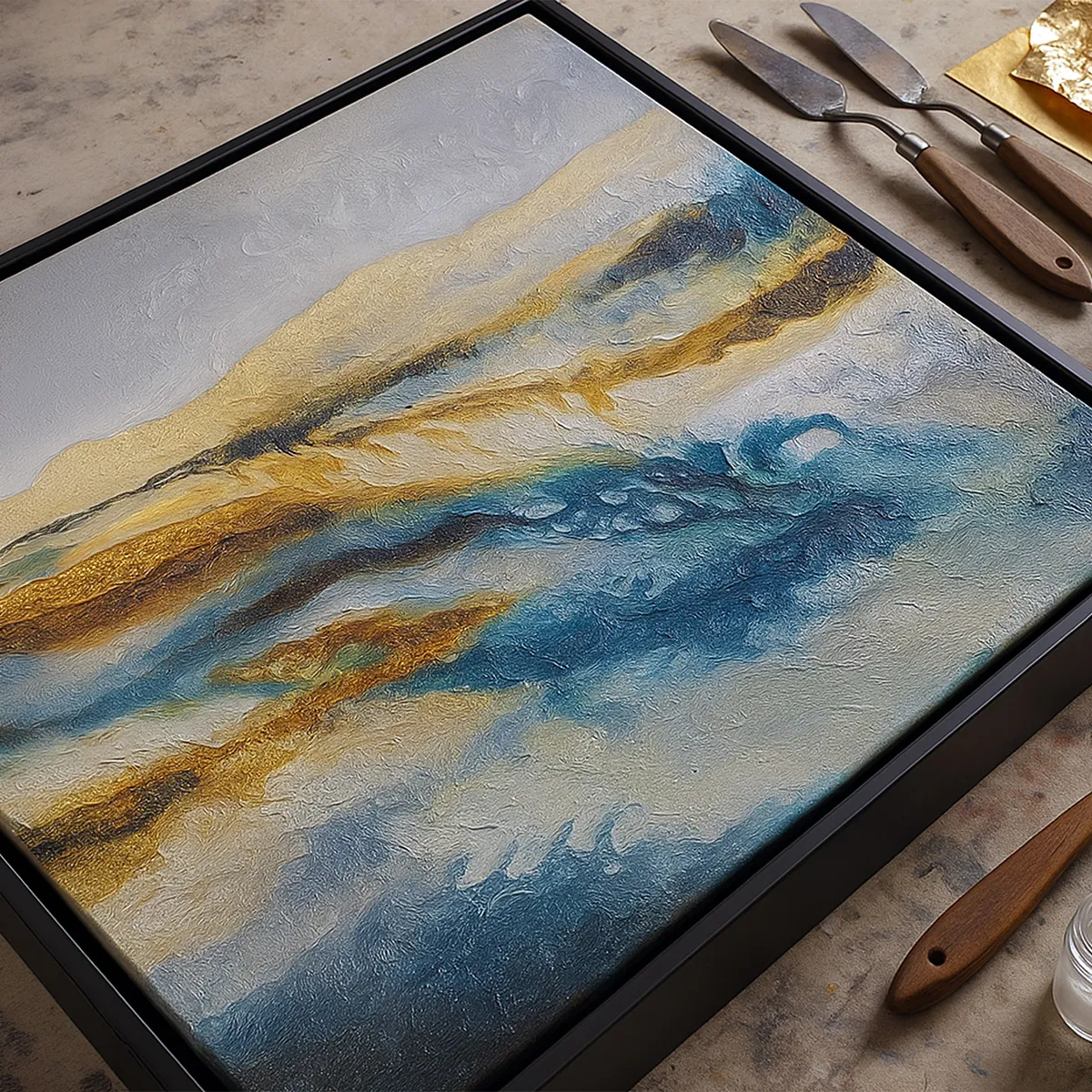 Hand-embellished abstract canvas print featuring textured blue, white, and gold leaf details in a black floating frame with artist tools nearby.