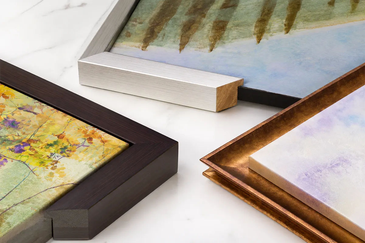 Custom fine art framing options with wood, metal, and decorative frame finishes
