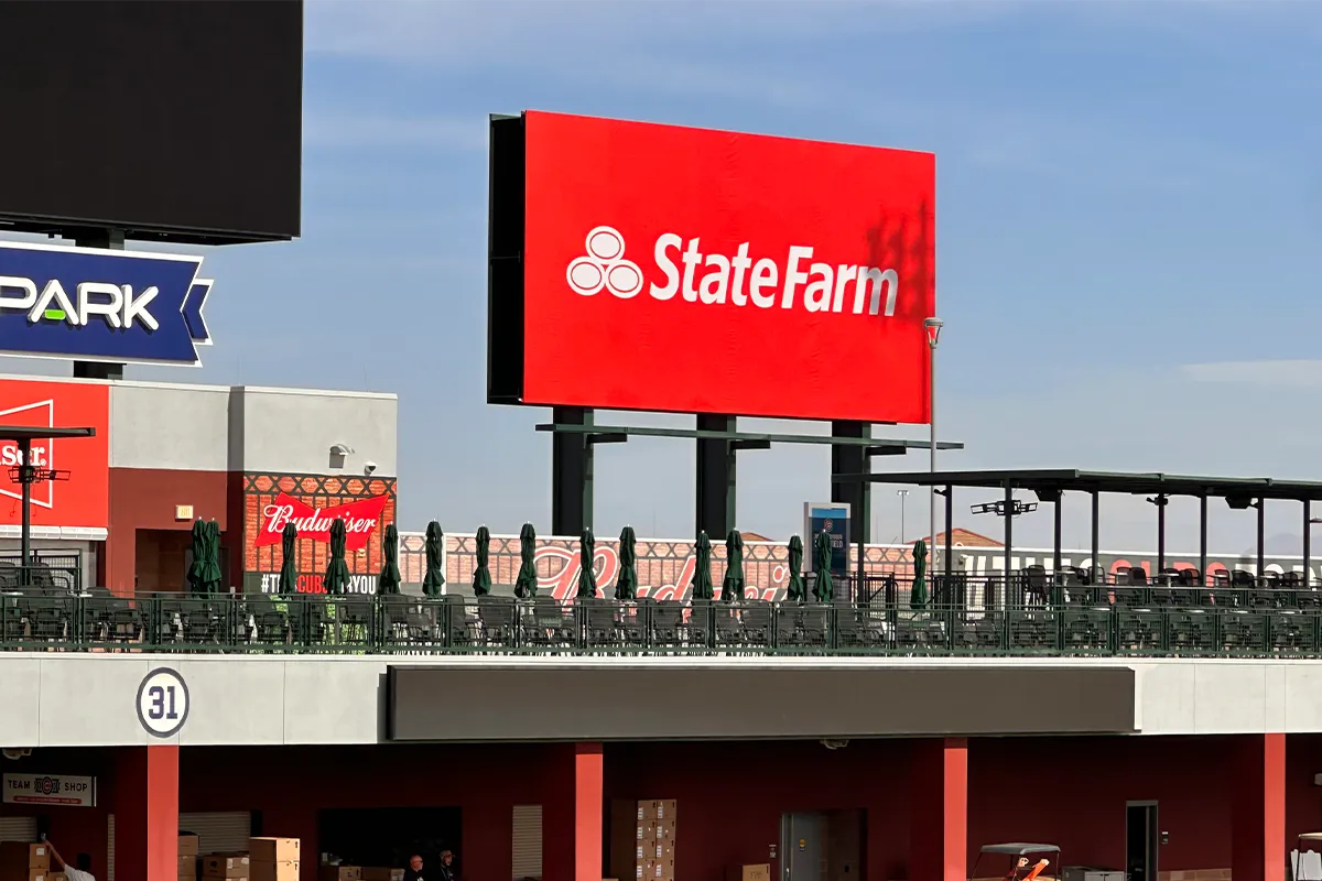 State Farm sponsor signage and branded graphics at Chicago Cubs Sloan Park