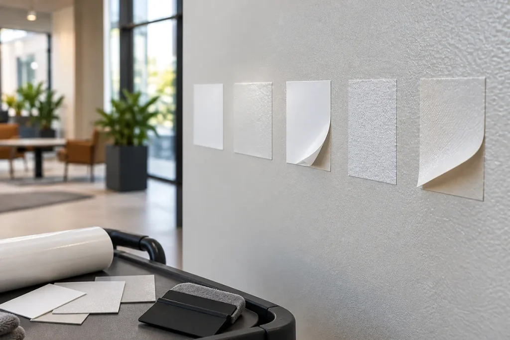Adhesive wall graphic samples tested on textured drywall for material compatibility