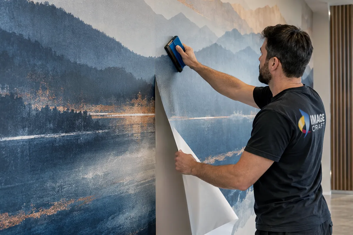 Image Craft installer applying a custom wall mural in a commercial interior