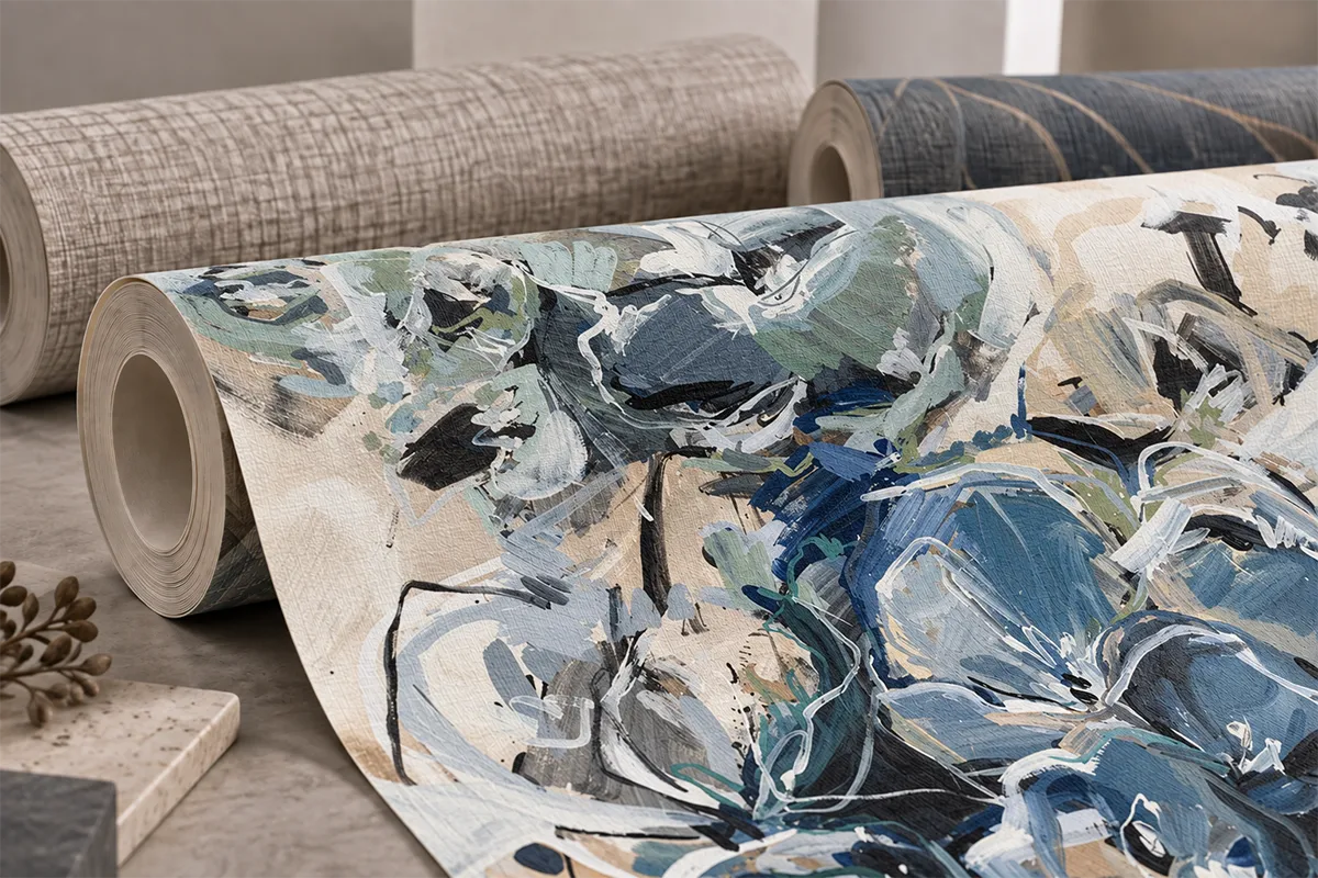 Rolls of custom printed commercial wallcovering featuring abstract artwork and textured finishes