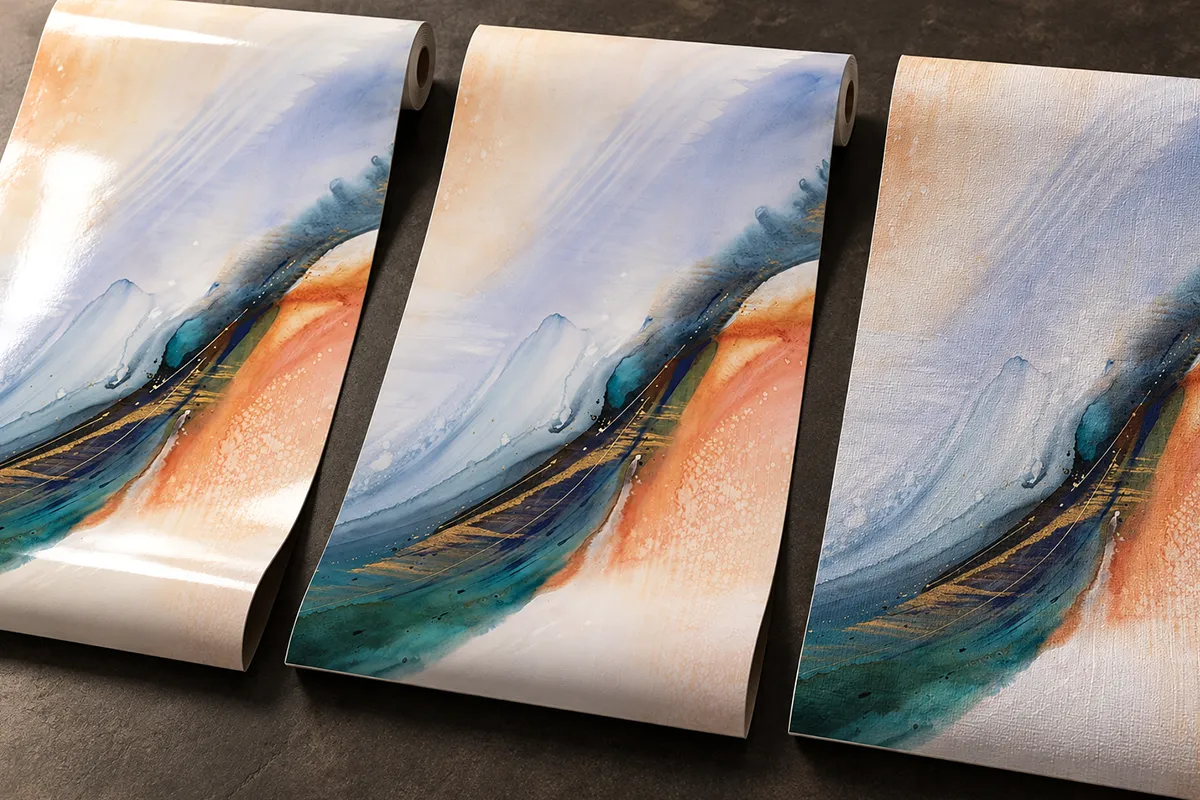Custom printed wallcovering shown in multiple smooth and textured finish options