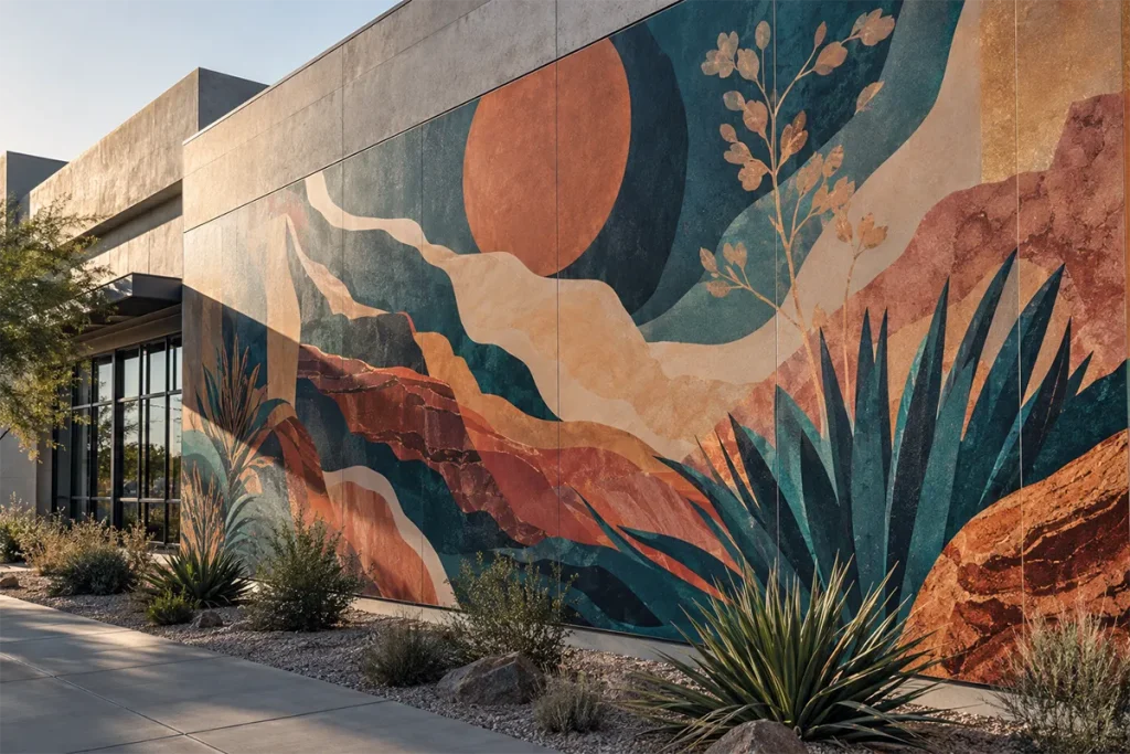 Large-format exterior mural with colorful desert-inspired artwork on a commercial building