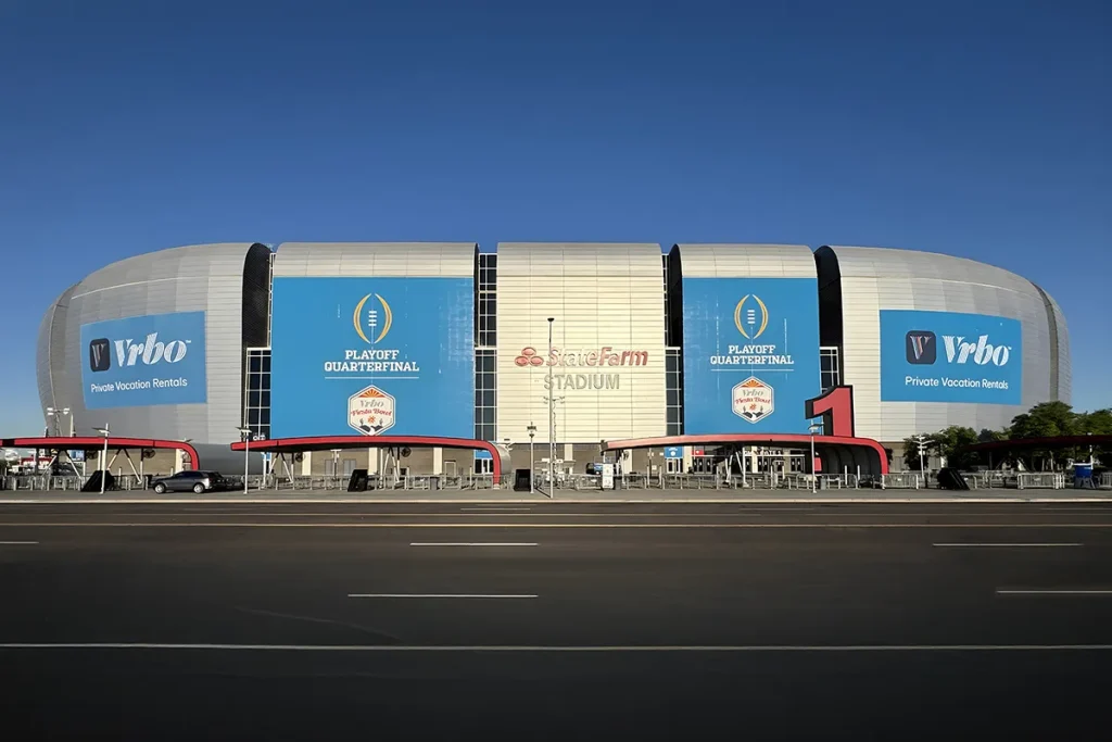 Fiesta Bowl Playoff Quarterfinal exterior stadium graphics installed at State Farm Stadium