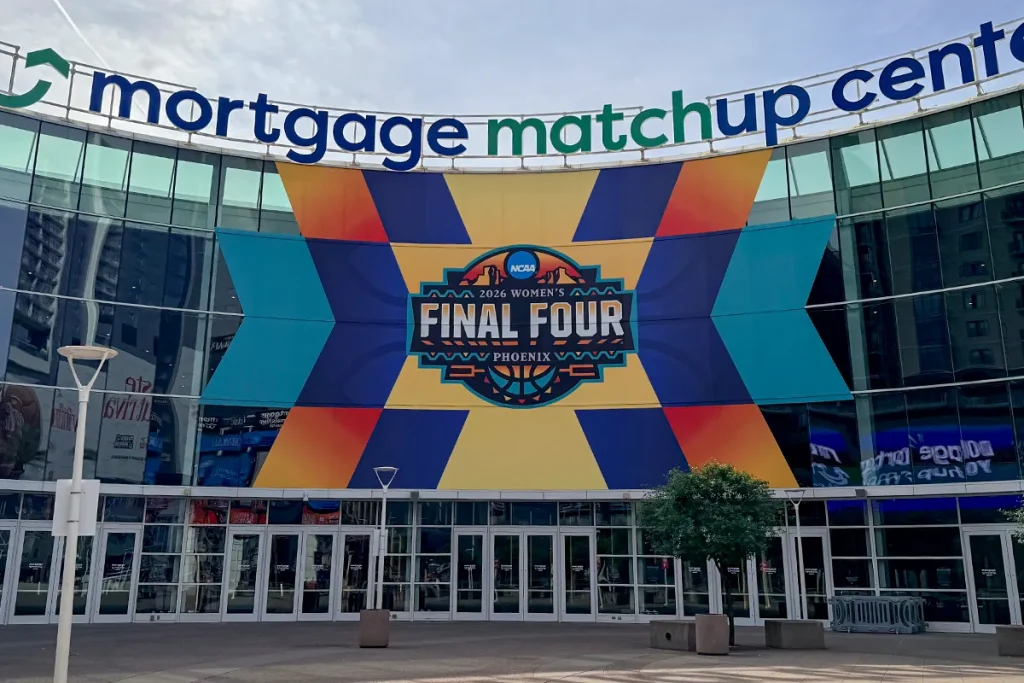 2026 NCAA Women’s Final Four large-format arena window graphics in Phoenix, Arizona