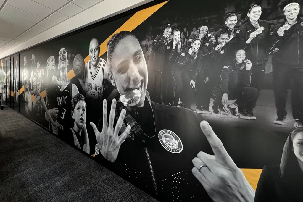 Phoenix Mercury wall mural featuring Diana Taurasi and championship moments from her basketball career
