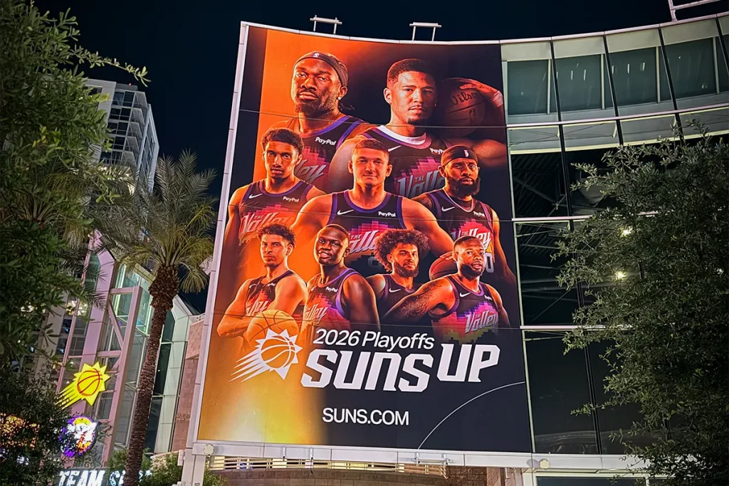 Phoenix Suns arena exterior featuring large-format 2026 NBA Playoffs graphics produced by Image Craft