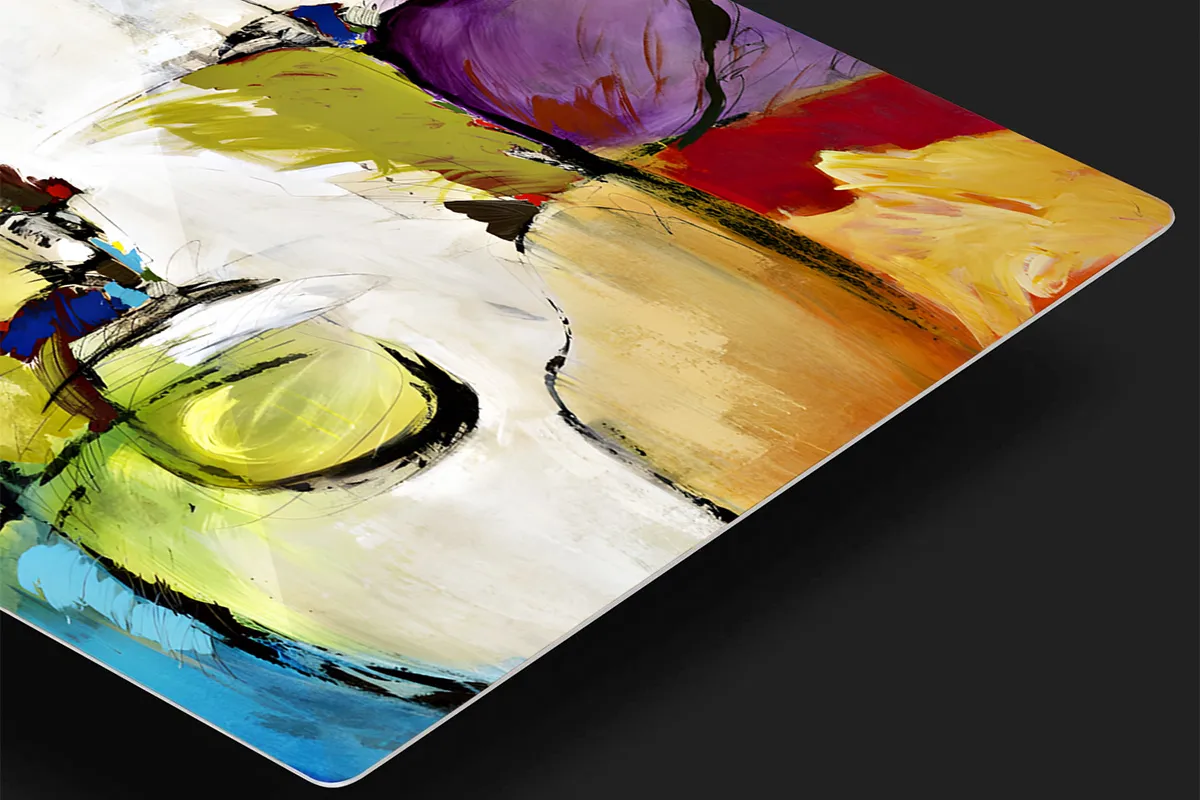 Close-up of an UltimateMetal print showing its thin aluminum profile and rounded corner