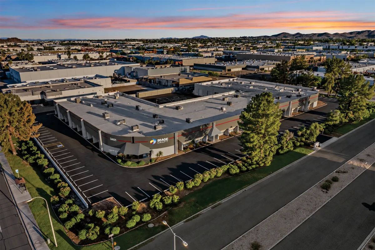 Aerial view of Image Craft's large-format printing facility in Phoenix, Arizona, at sunset